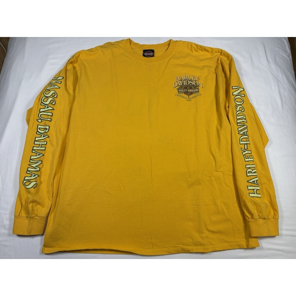 Harley Davidson Long Sleeve Shirt Mens 2XL Yellow Nassau Bahamas Parrot Sleeve